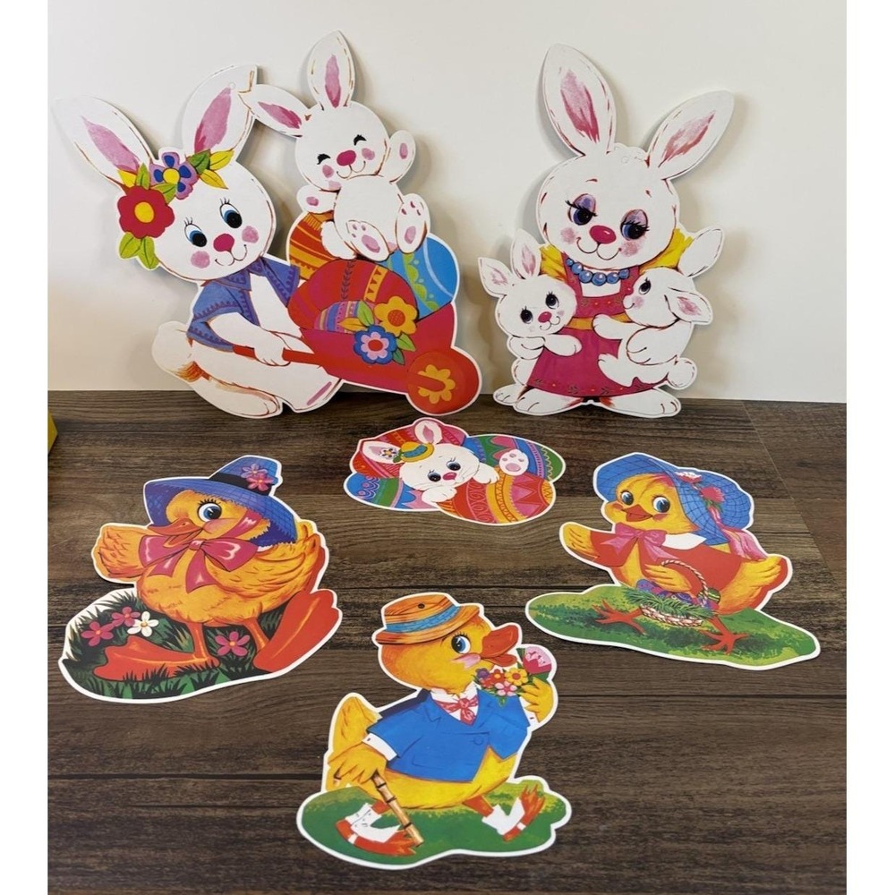 Lot Of 6 Easter Bunnies & Ducks Die-Cut Cardboard Wall Decorations Unmarked